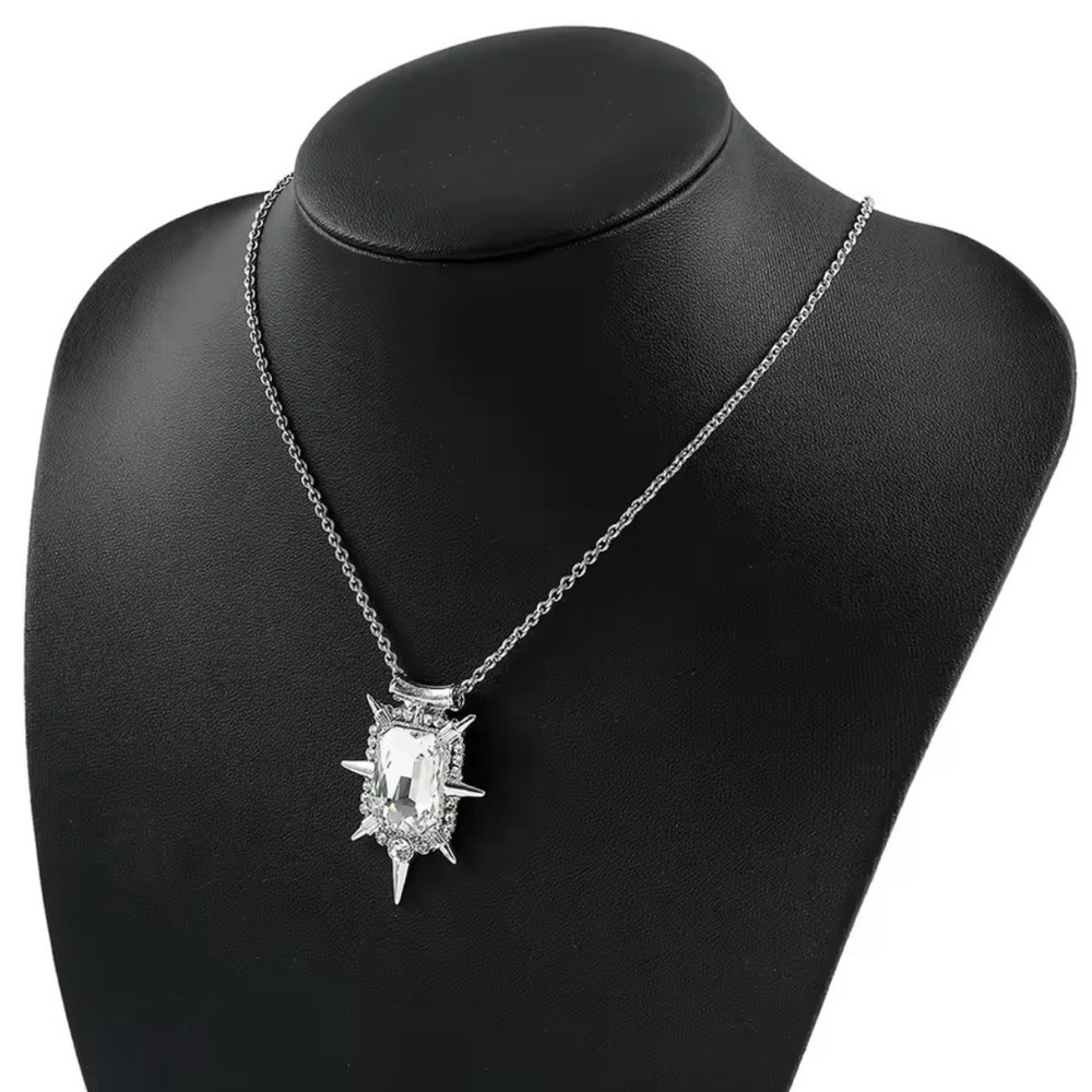 Silver Tone Spike Rhinestone Spiked Medallion Punk Goth Pendant Necklace - Picture 4 of 7